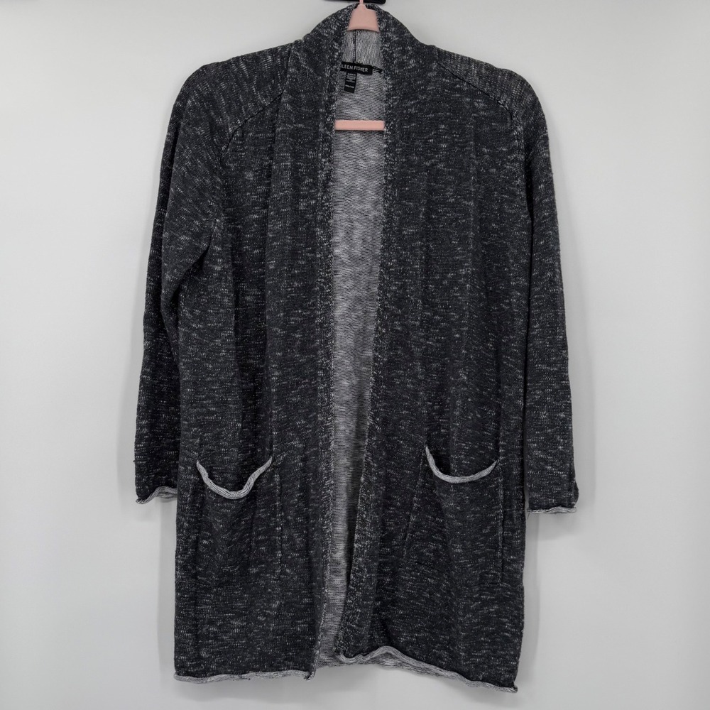 Eileen Fisher Cardigan Womens XXS Charcoal Gray Organic Cotton Linen Open Front